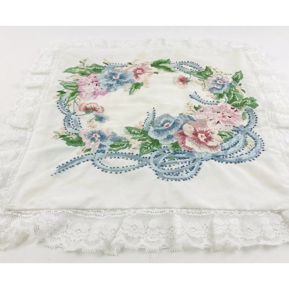 Vintage Embroidered Flower Pillow Cover Case Lace Spring Zip Pink Wreath Pansies